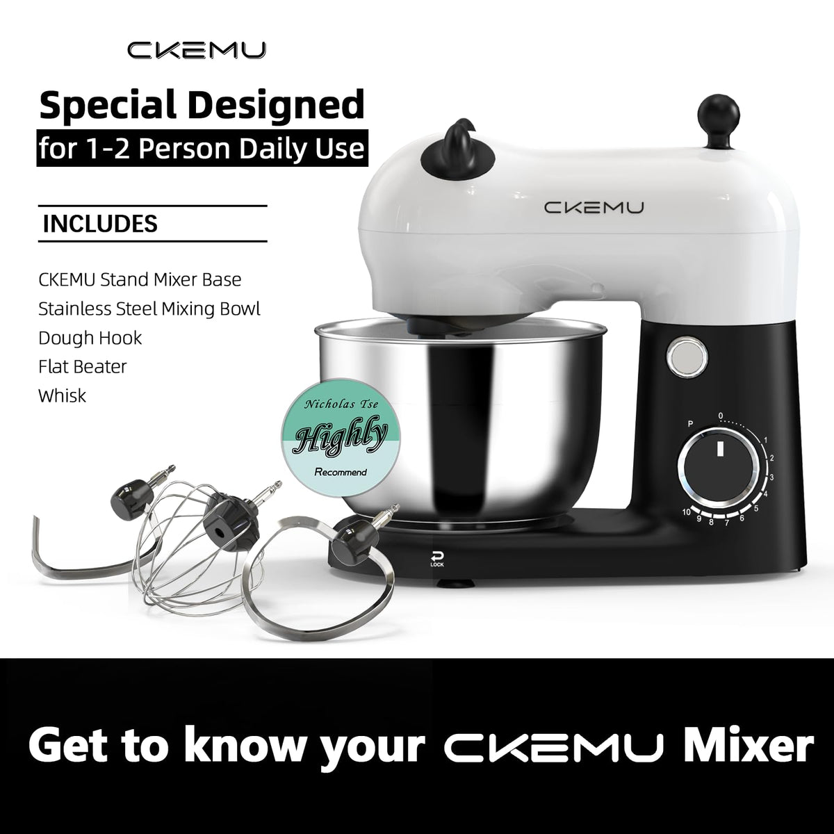 CKEMU stand mixer showcasing its compact footprint for tight spaces.