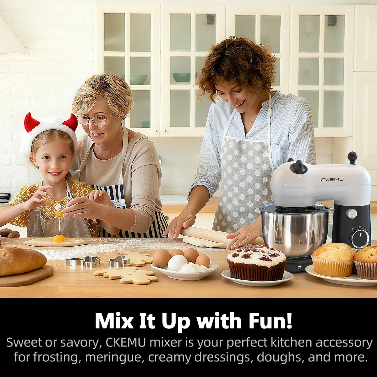 CKEMU stand mixer with dishwasher-safe attachments for easy cleanup after baking.