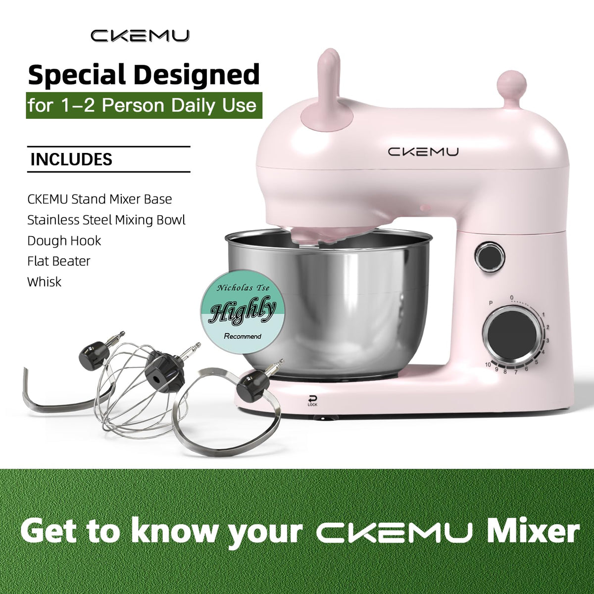 CKEMU stand mixer pink side view showcases space-saving profile for countertops.