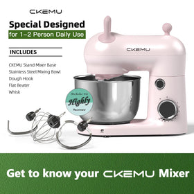 CKEMU stand mixer pink side view showcases space-saving profile for countertops.
