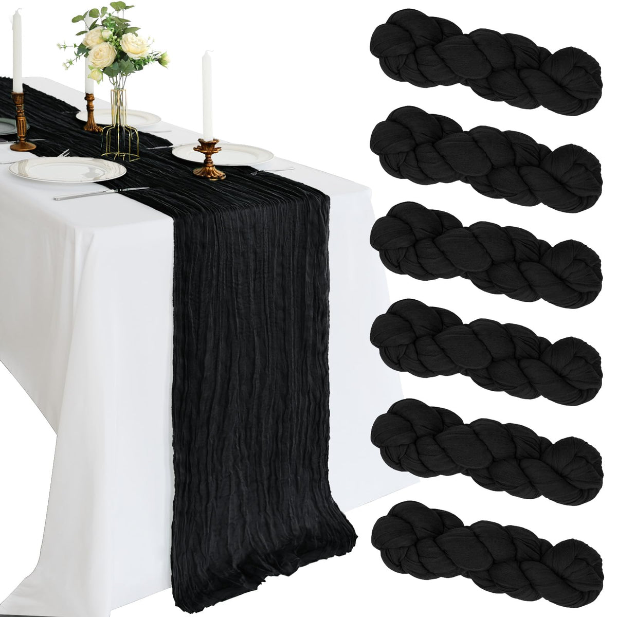 CKIKU 6-pack 10ft black cheesecloth table runner setup for wedding and party decor