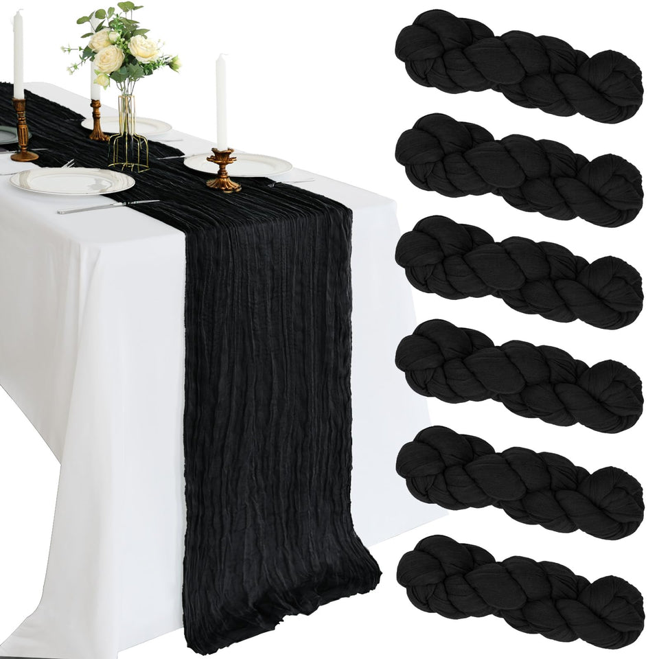 CKIKU 6-pack 10ft black cheesecloth table runner setup for wedding and party decor