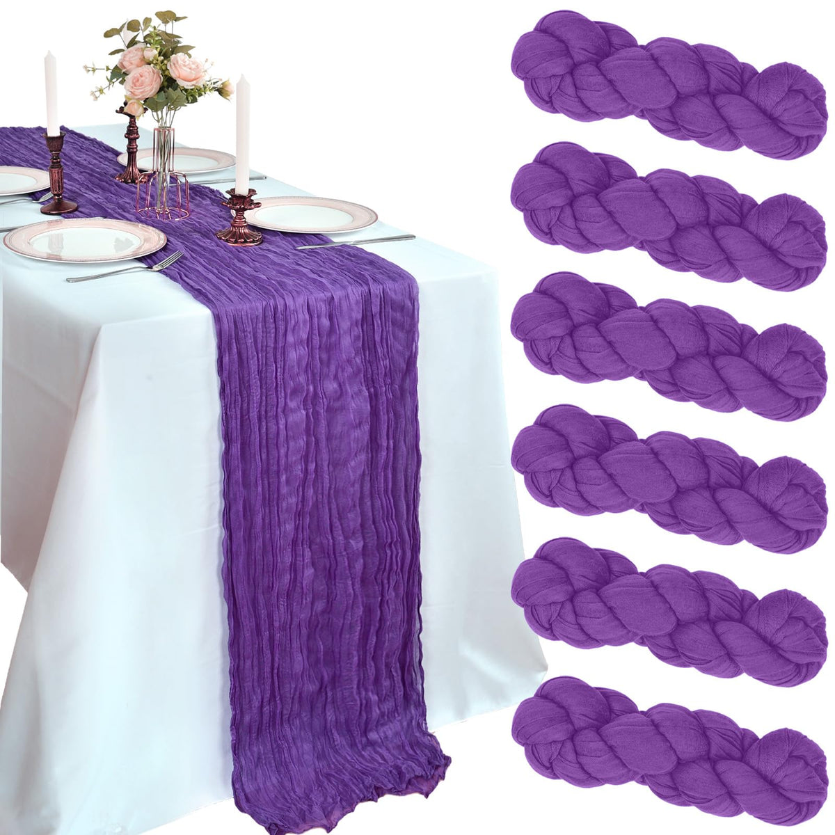 CKIKU purple cheesecloth table runner adds rustic elegance to a long dining table.