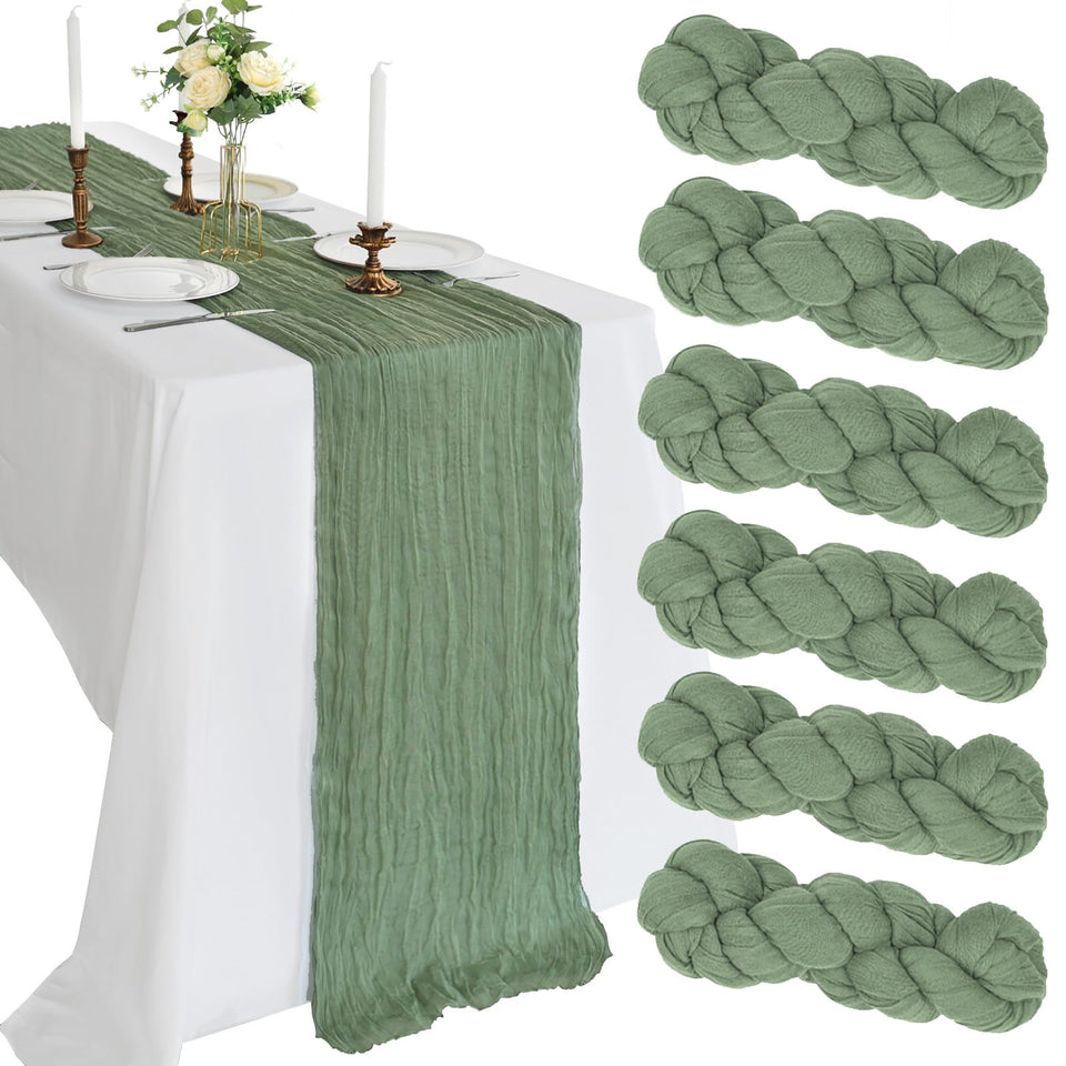 CKIKU 6-pack sage green cheesecloth runners on a table for versatile decor