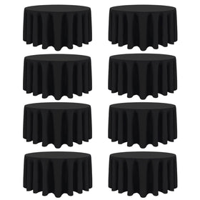 CKIKU 8-pack 120-inch black round tablecloth on banquet table, seamless fabric.