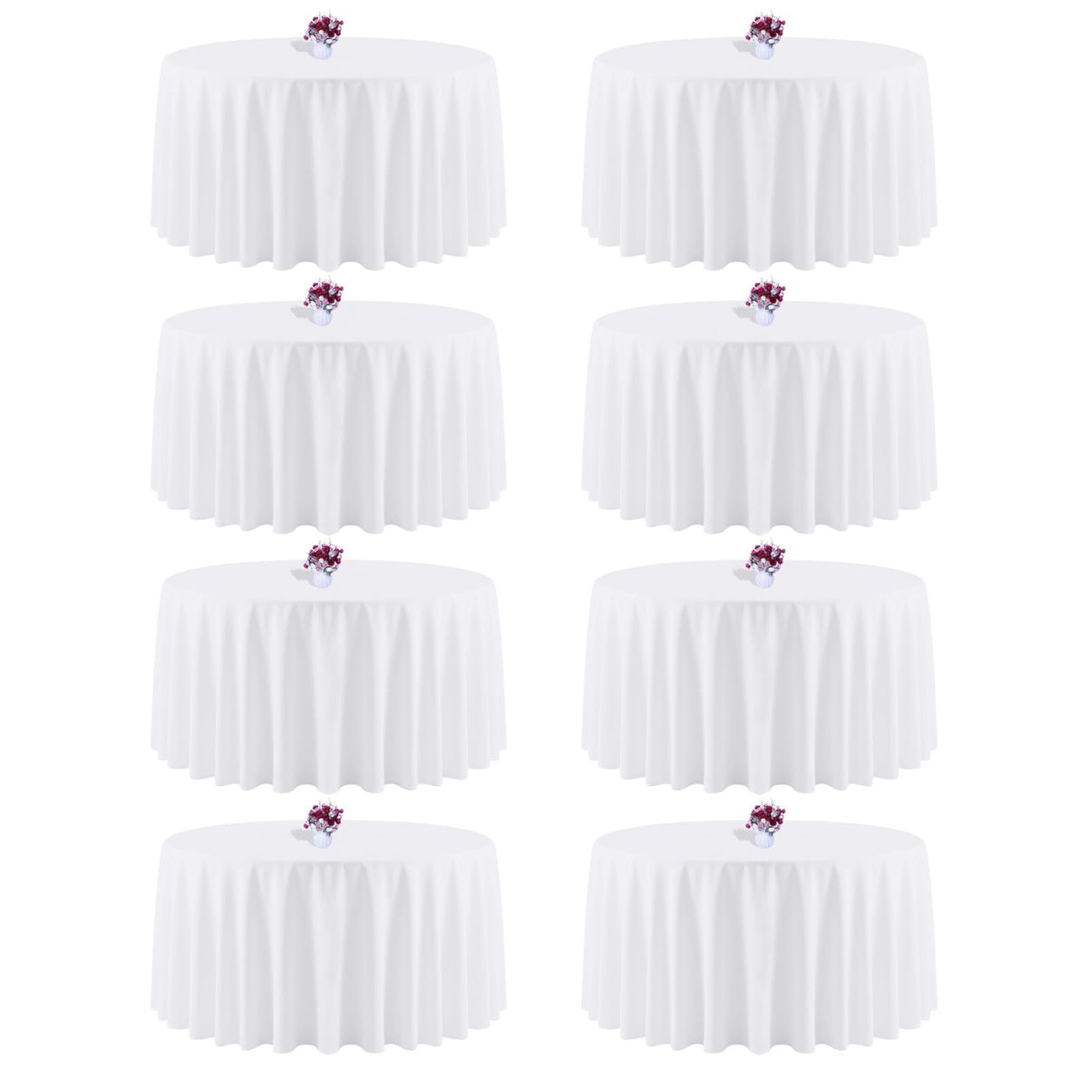 CKIKU 8-pack 120-inch white round tablecloths ready for event setup