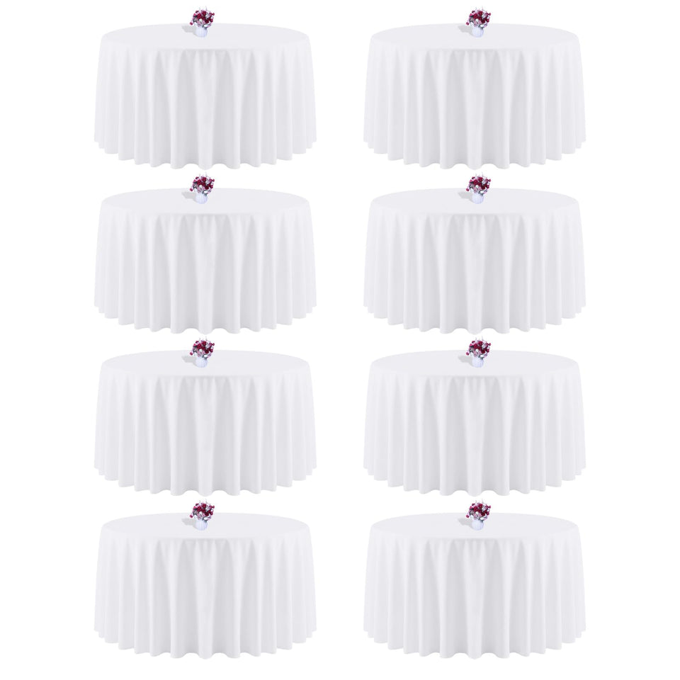 CKIKU 8-pack 120-inch white round tablecloths ready for event setup
