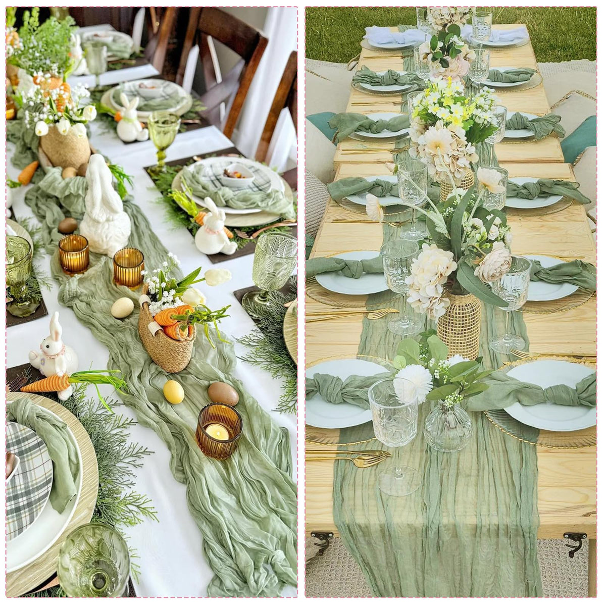 CKIKU sage green table runner laid out on a table for bridal shower setup