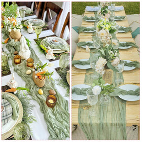 CKIKU sage green table runner laid out on a table for bridal shower setup