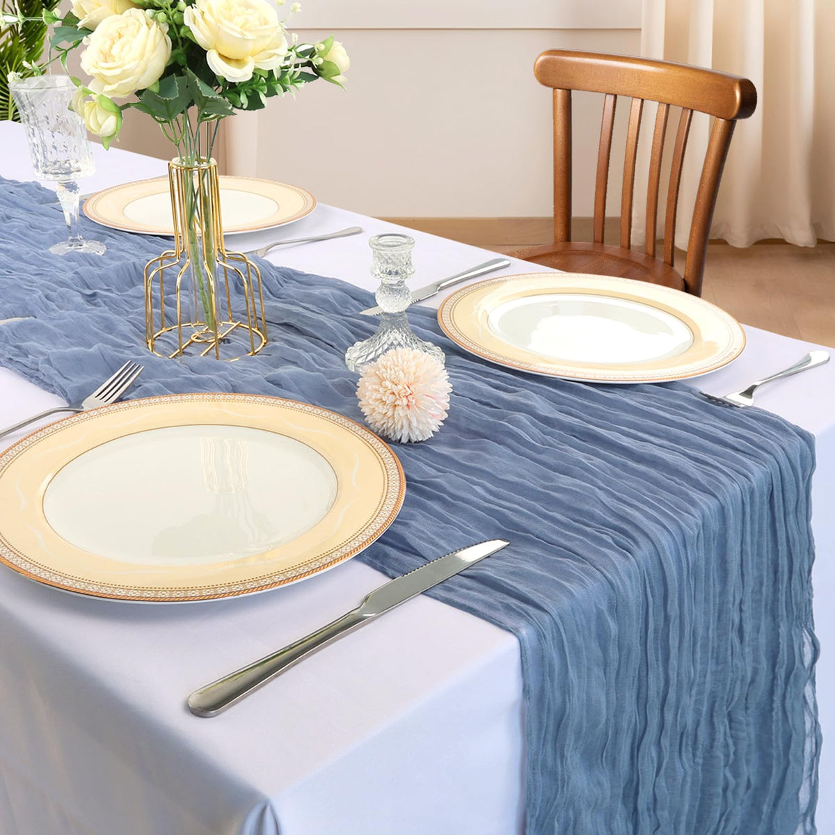 CKIKU dusty blue boho table cover close-up highlighting gauze texture