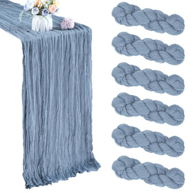 CKIKU dusty blue cheesecloth table runner showing soft gauze texture for elegant tables