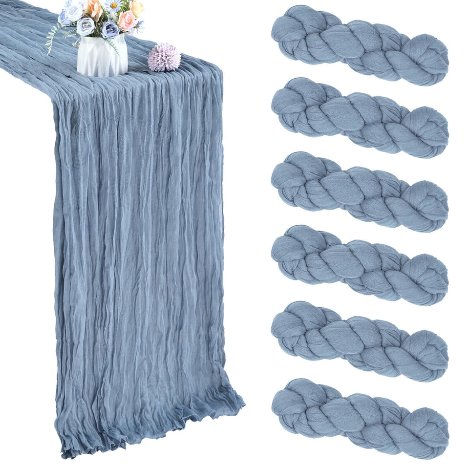 CKIKU dusty blue cheesecloth table runner showing soft gauze texture for elegant tables