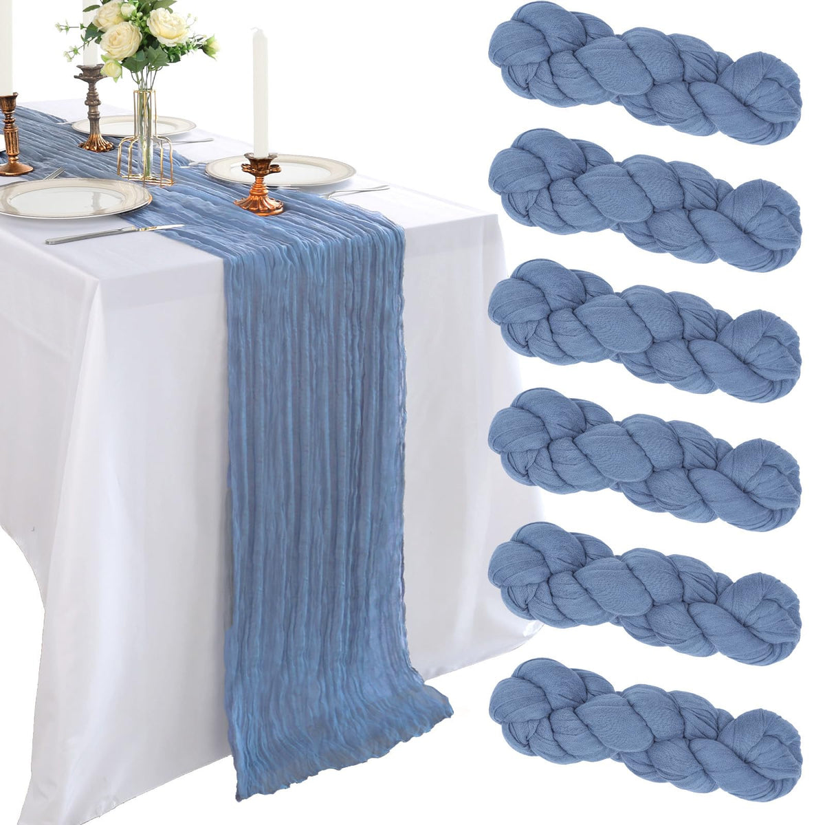 CKIKU dusty blue cheesecloth table runner drape for elegant tablescape