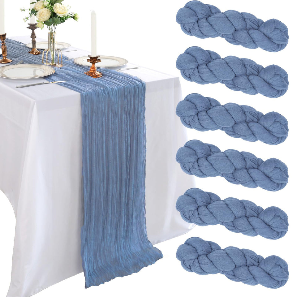 CKIKU dusty blue cheesecloth table runner drape for elegant tablescape