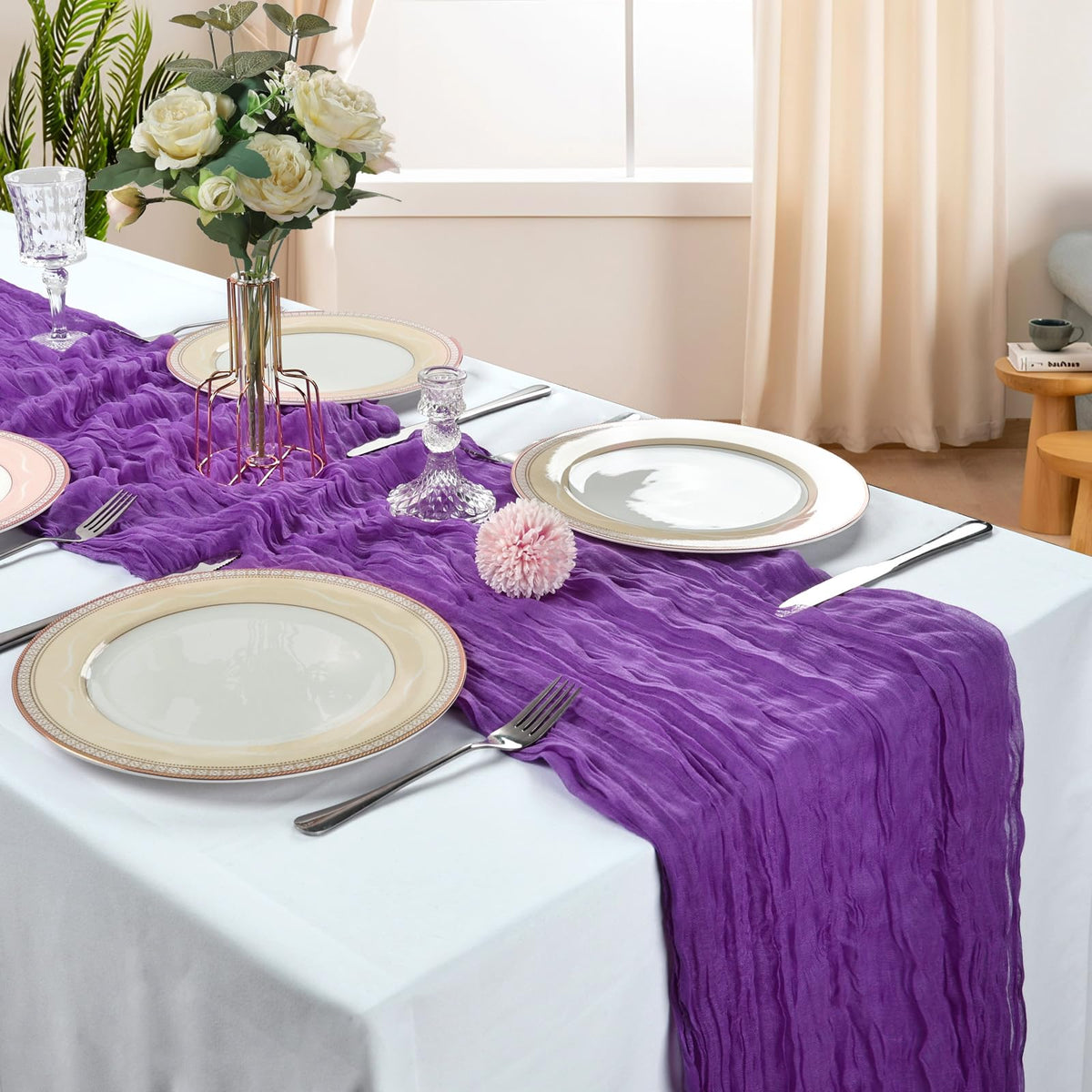 CKIKU purple gauze runner drapes gracefully, perfect for weddings and celebrations.