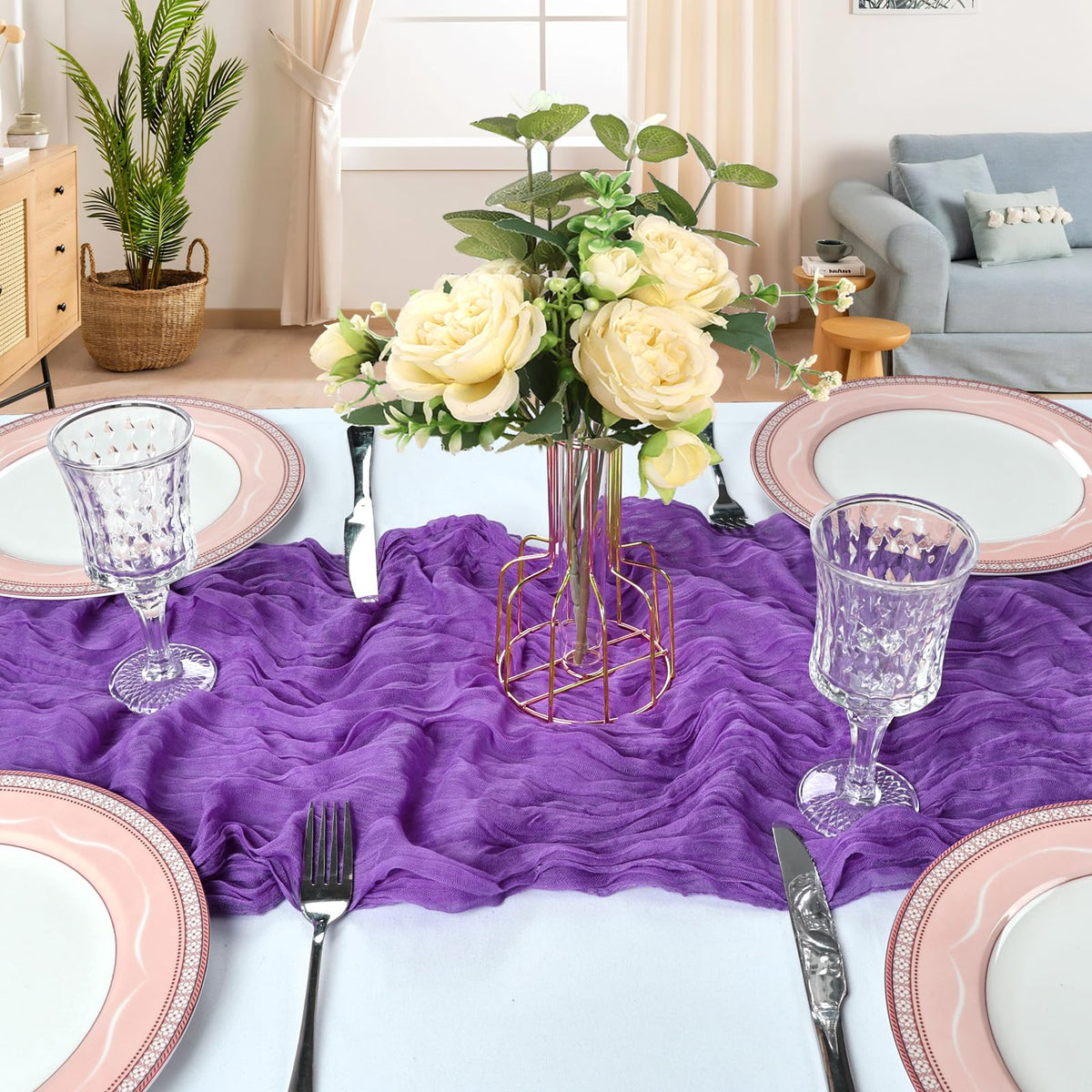 CKIKU boho purple table runner provides soft texture for centerpieces.