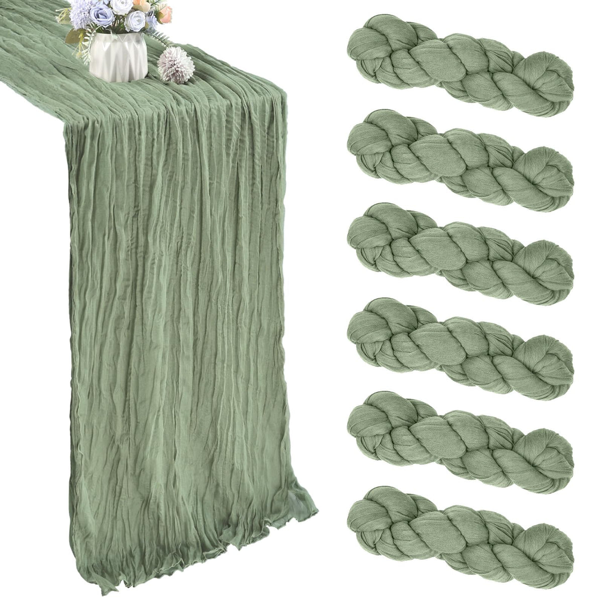 CKIKU sage green cheesecloth table runner 6-pack displayed on a long dining table for weddings