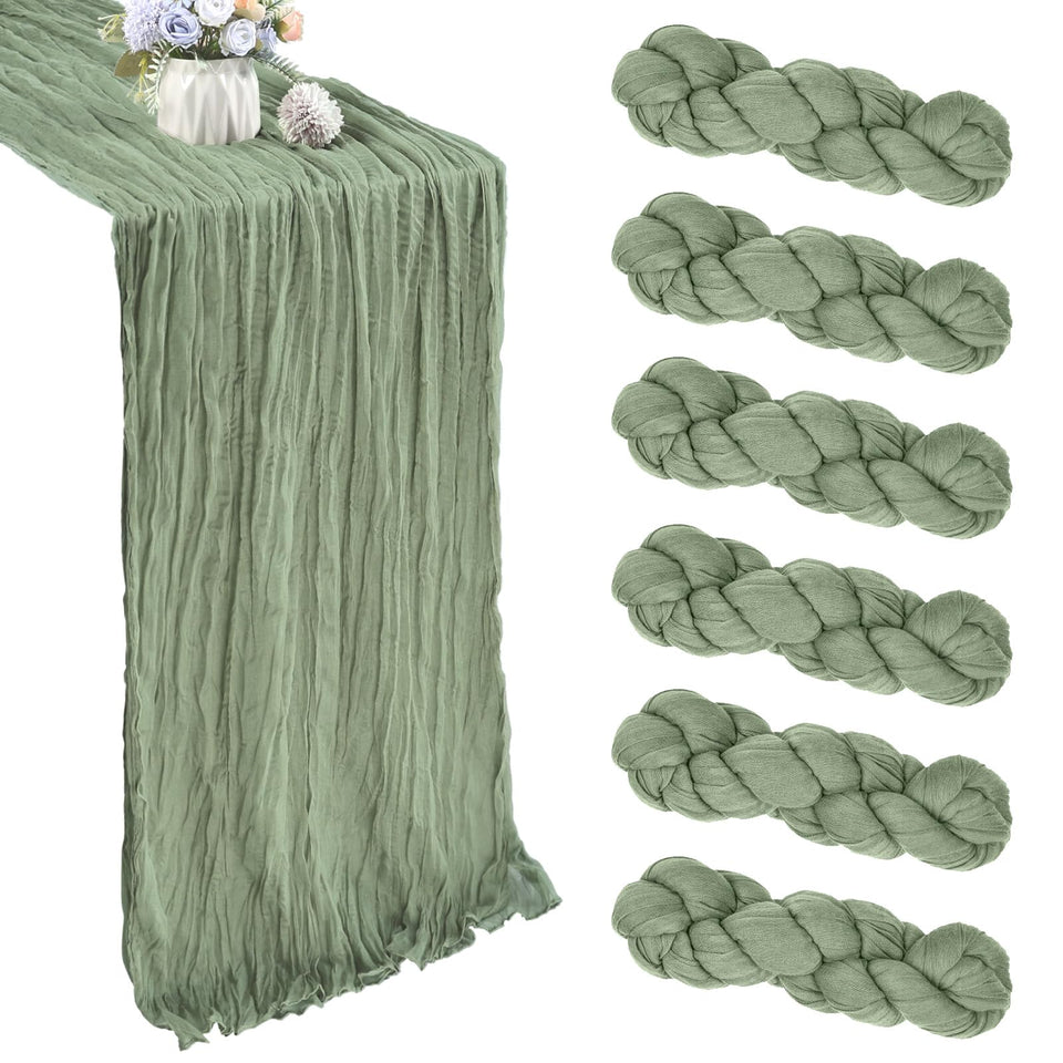 CKIKU sage green cheesecloth table runner 6-pack displayed on a long dining table for weddings