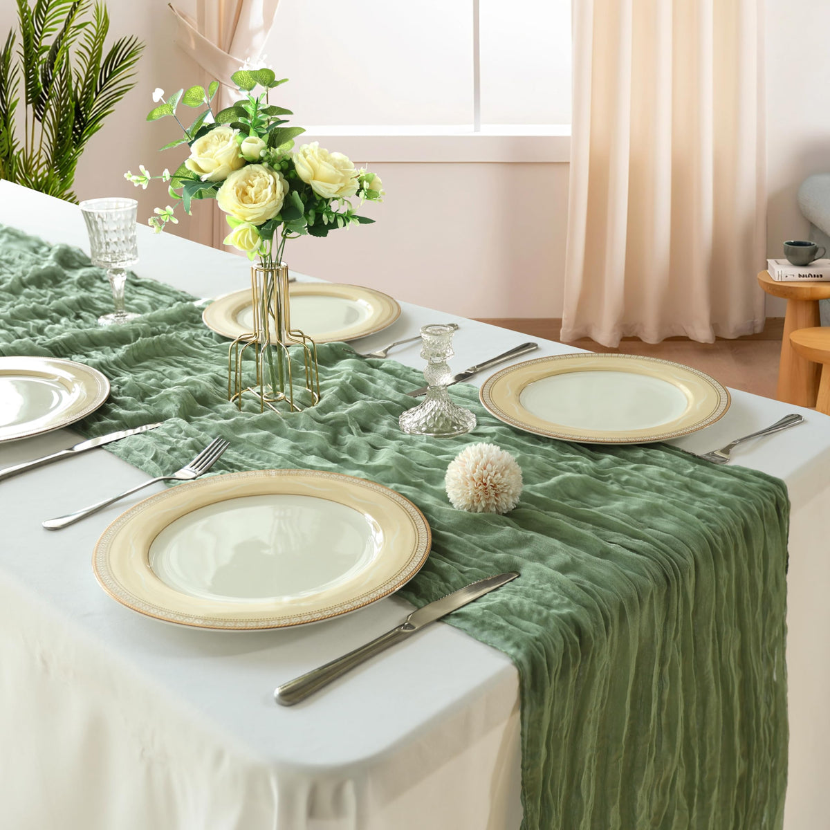 CKIKU sage-green table runner close-up texture highlighting soft gauze feel