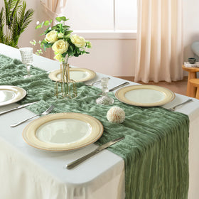 CKIKU sage-green table runner close-up texture highlighting soft gauze feel