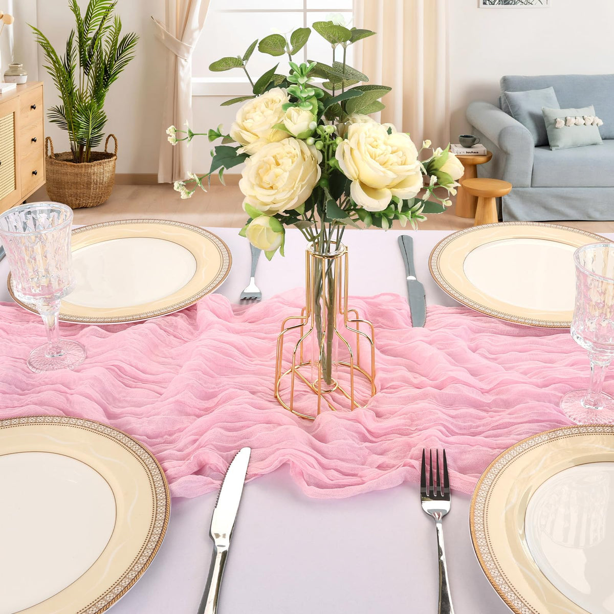 CKIKU soft pink fabric drape enhances table styling without overpowering the setting.
