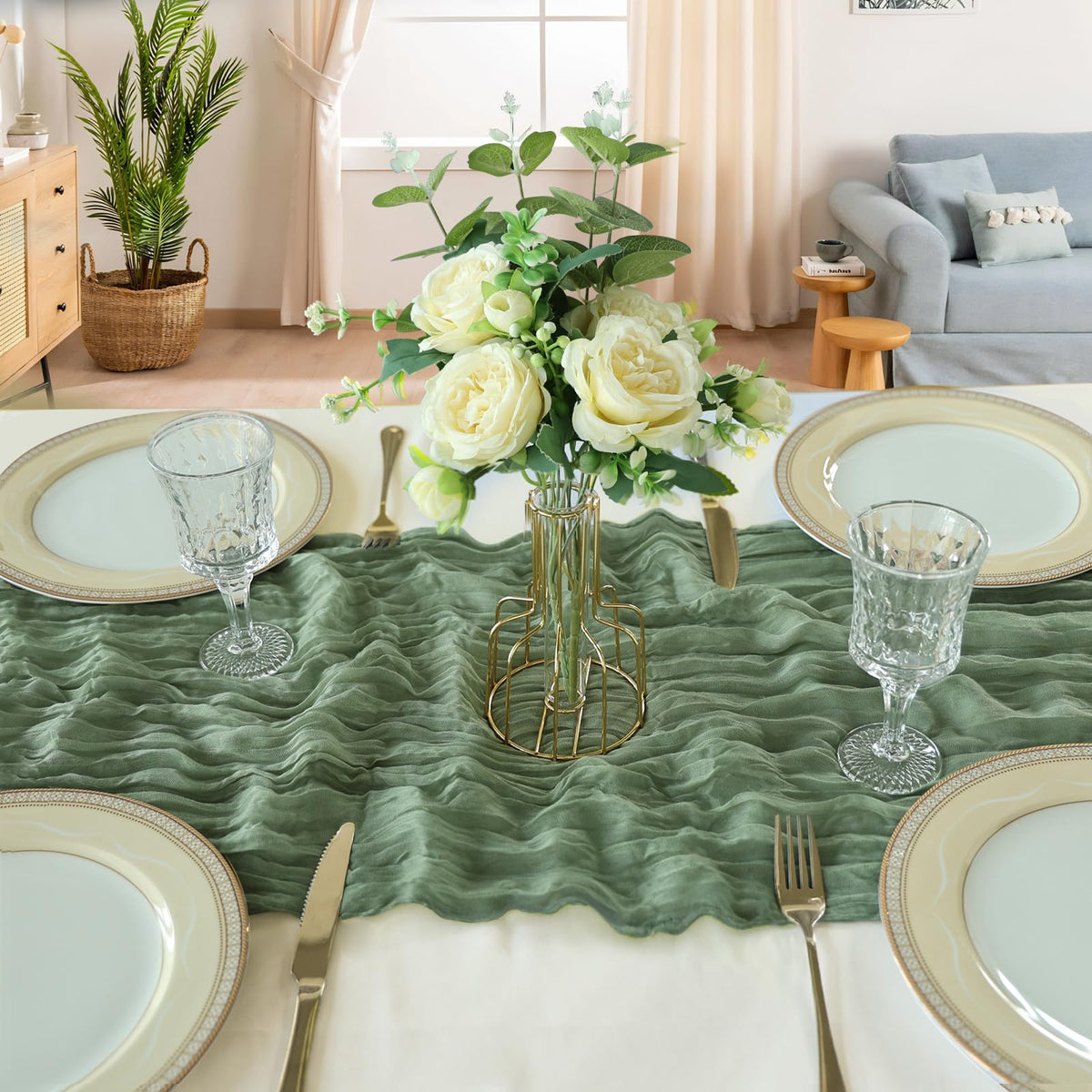CKIKU wedding table decor with sage green runner