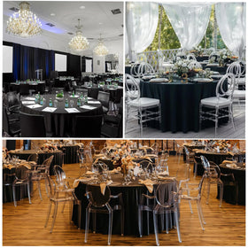 CKIKU wrinkle-free black round tablecloth enhancing dining setup.