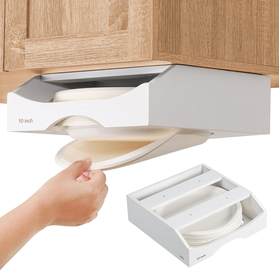 CKIU 10-inch bamboo plate dispenser under cabinet keeps plates neatly organized.