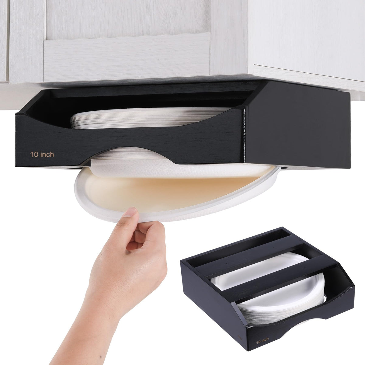 CKIU 10-inch paper plate dispenser under cabinet keeps plates neatly organized.