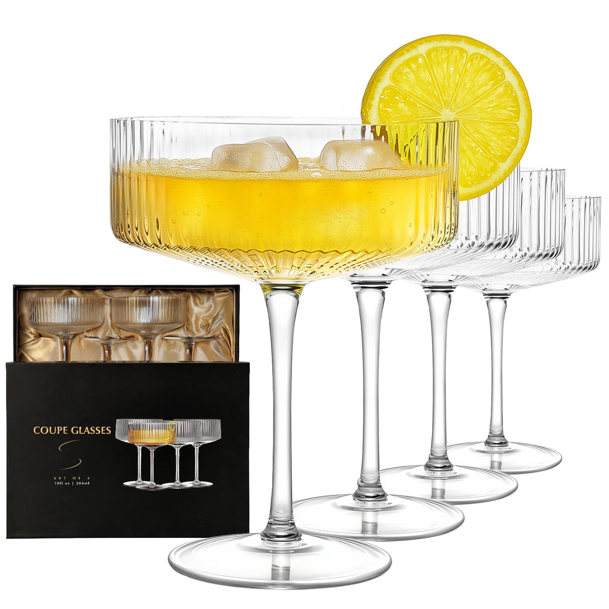 CL FUN 4pc hand-blown coupe glasses showing 10 oz capacity for elegant cocktails