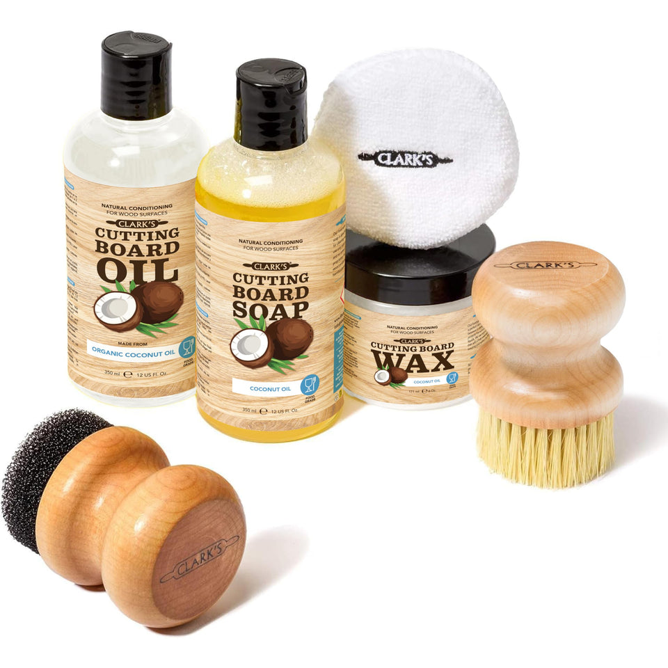 CLARK'S Cutting Board Care Kit oil bottle nourishes wood surfaces.