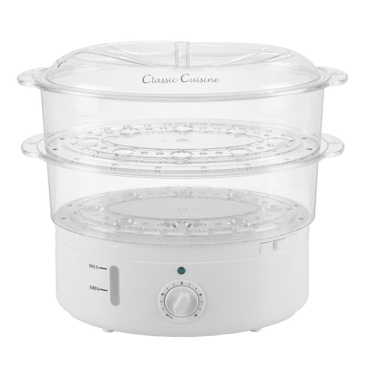 Classic Cuisine compact electric steamer fits neatly on the counter.