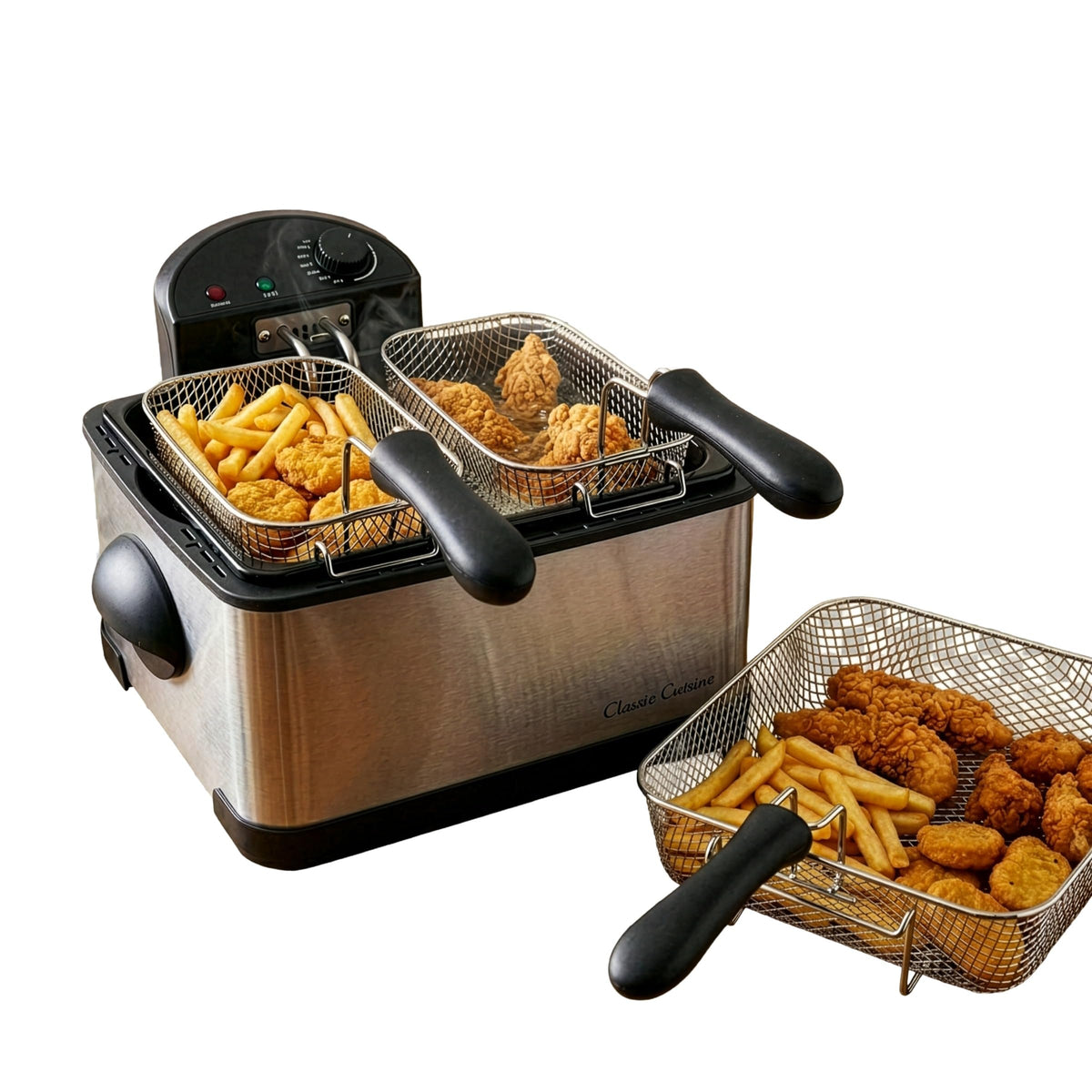 Classic Cuisine deep fryer with dual baskets and see-through lid for precise, two-item frying.