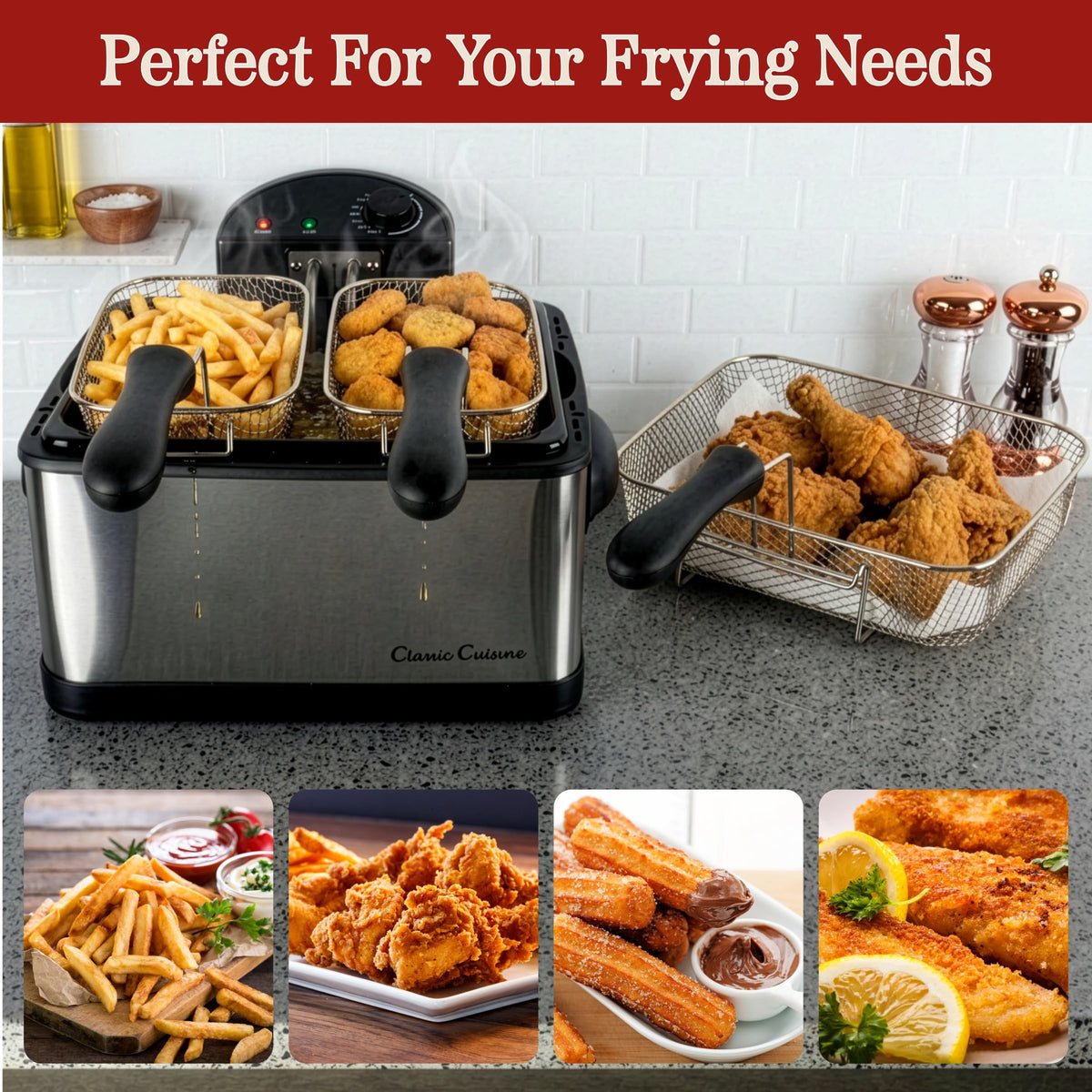 Classic Cuisine fryer shows red power and green temperature indicators.