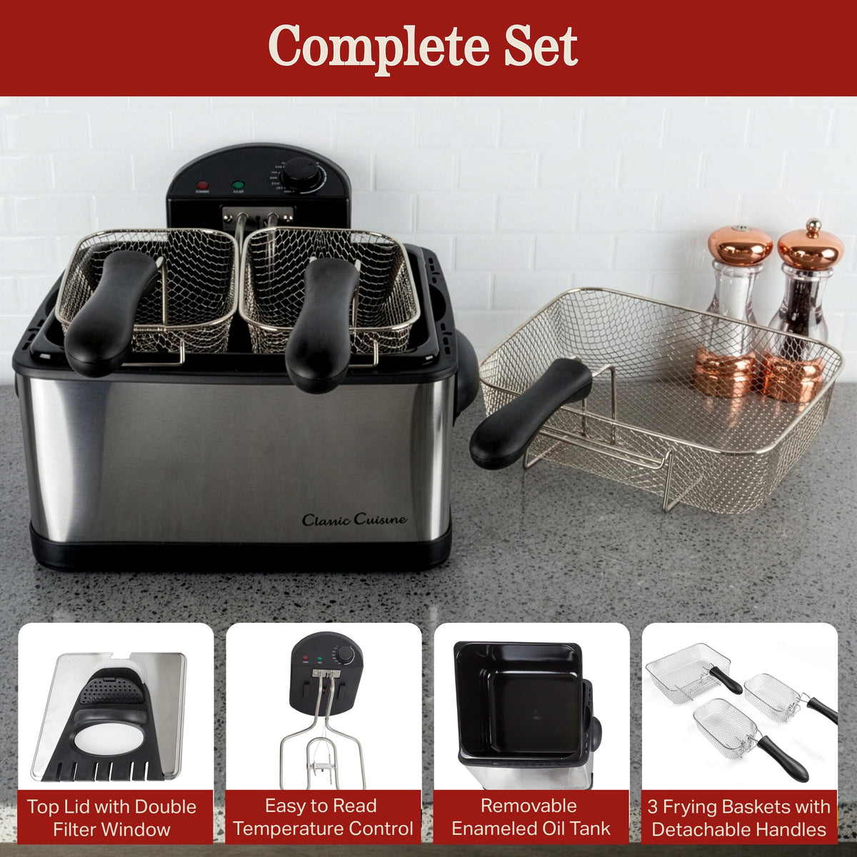 Classic Cuisine deep fryer with a small basket for quick individual portions.