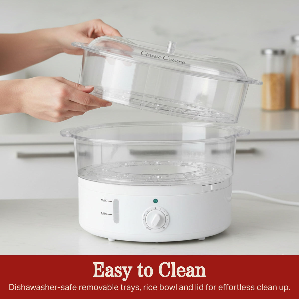 Classic Cuisine dishwasher safe baskets lid and rice bowl for easy cleanup.