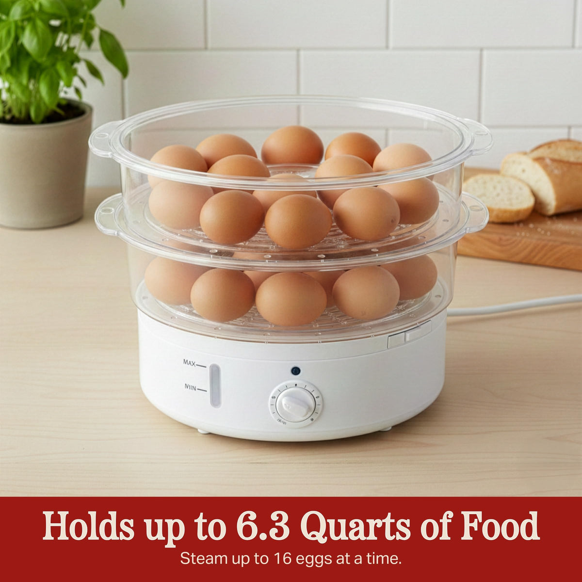 Classic Cuisine egg cooker holds up to 16 eggs for batch steaming.