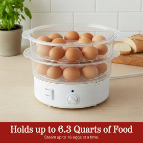 Classic Cuisine egg cooker holds up to 16 eggs for batch steaming.