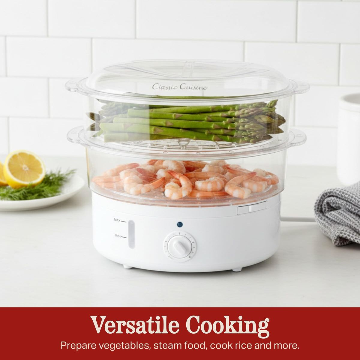 Classic Cuisine electric steam cooker with timer for precise doneness.