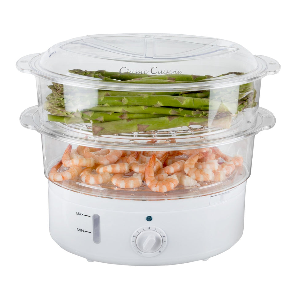 Classic Cuisine vegetable steamer with two baskets for simultaneous cooking.
