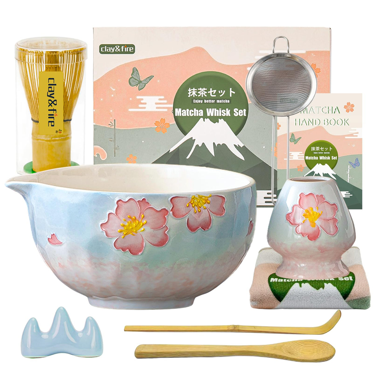 Clay&Fire cherry blossom matcha bowl with textured finish for elegant ceremonies and easy cleanup.