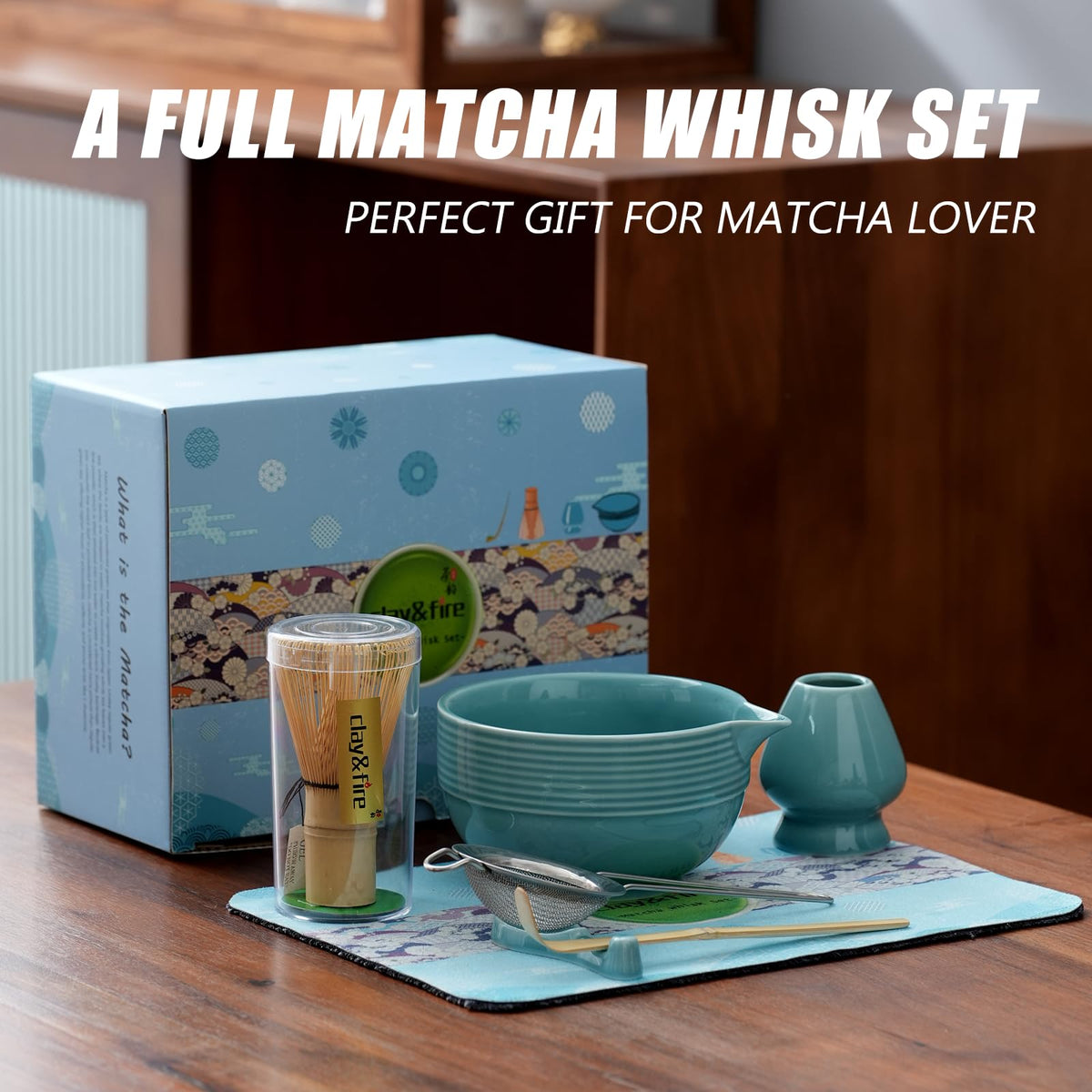 Clay&Fire matcha set box in blue design, ideal for gifting.
