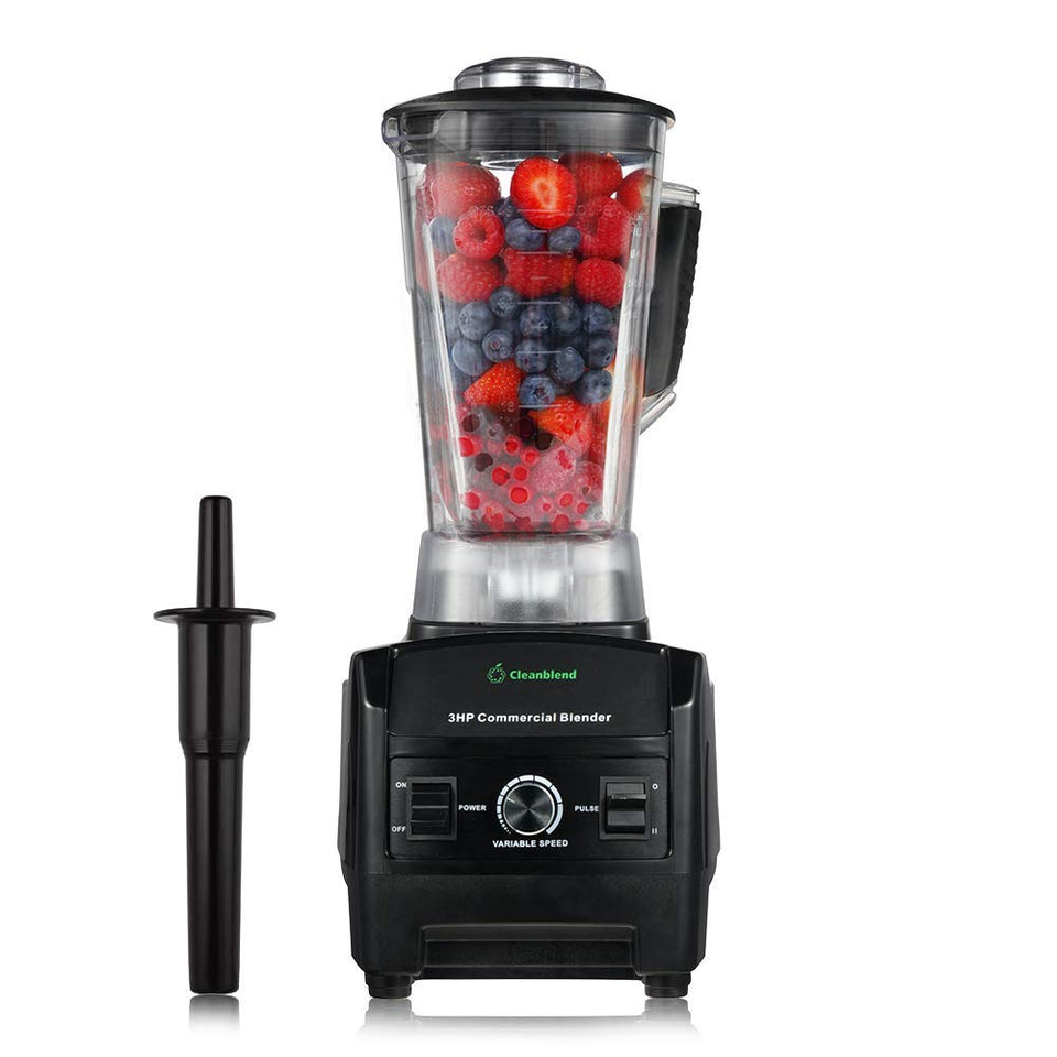 Cleanblend commercial blender front view highlighting a powerful 3 HP motor for large-batch blending.