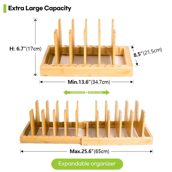 CleanClue expandable bakeware organizer and lid rack for flexible cabinet storage