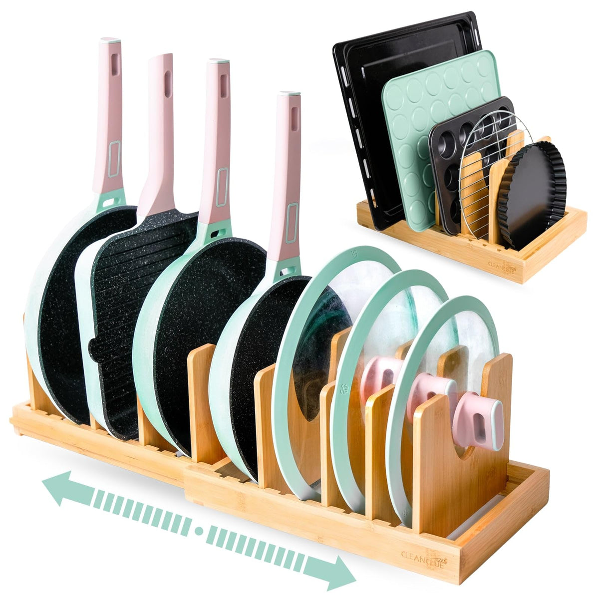 CleanClue bamboo pots and pans organizer under cabinet keeps cookware neatly accessible