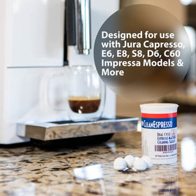 CleanEspresso tablets dissolving in water enable dual-cycle cleaning.