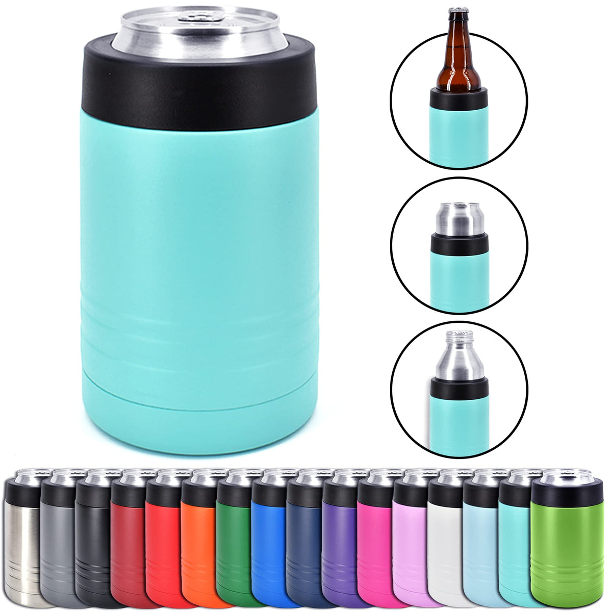 Clear Water Home Goods 4-in-1 teal cooler holding a 12 oz can, stays cold.