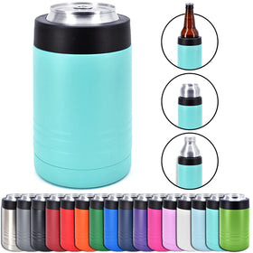 Clear Water Home Goods 4-in-1 teal cooler holding a 12 oz can, stays cold.