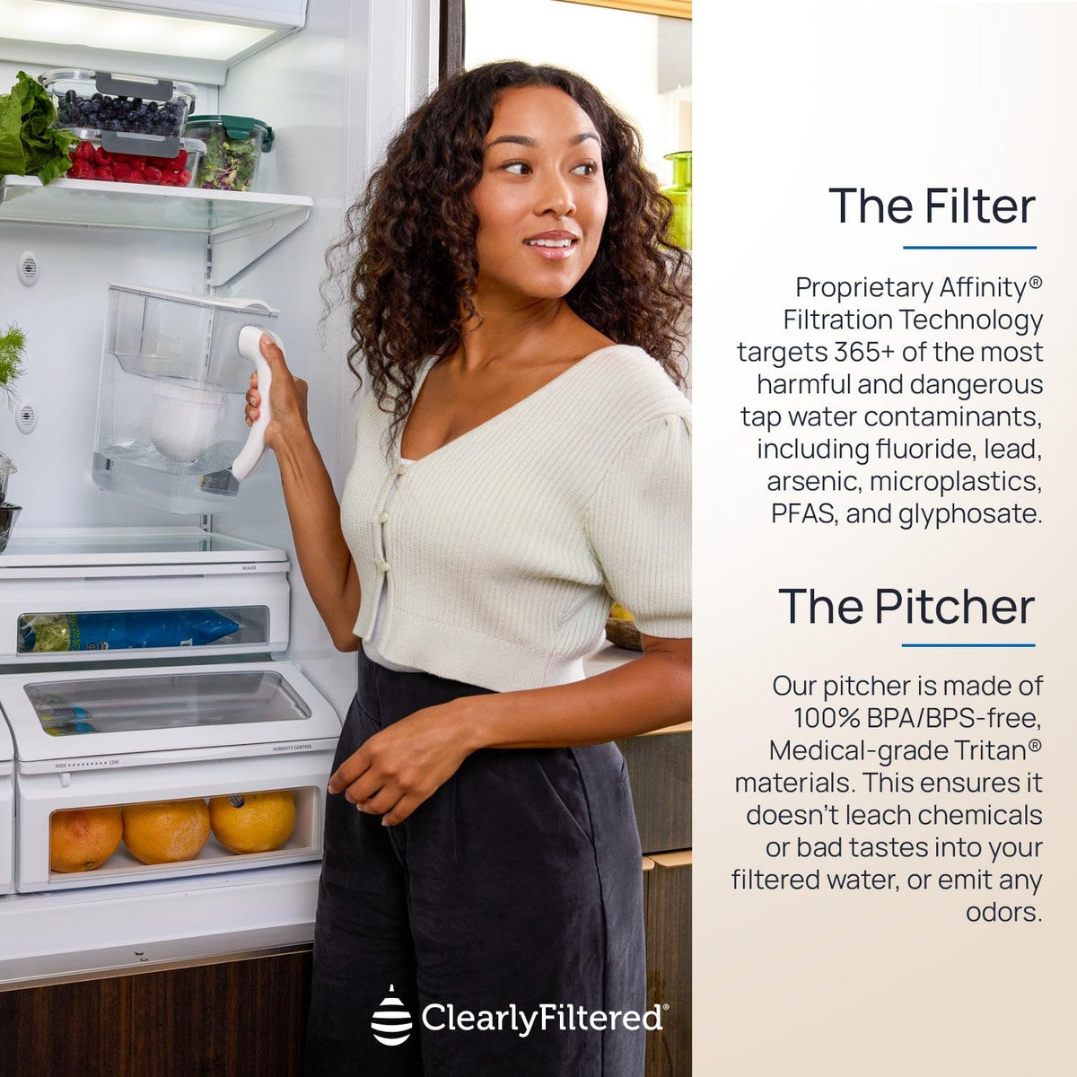 100-gallon filter life extends between replacements for the Clearly Filtered pitcher.