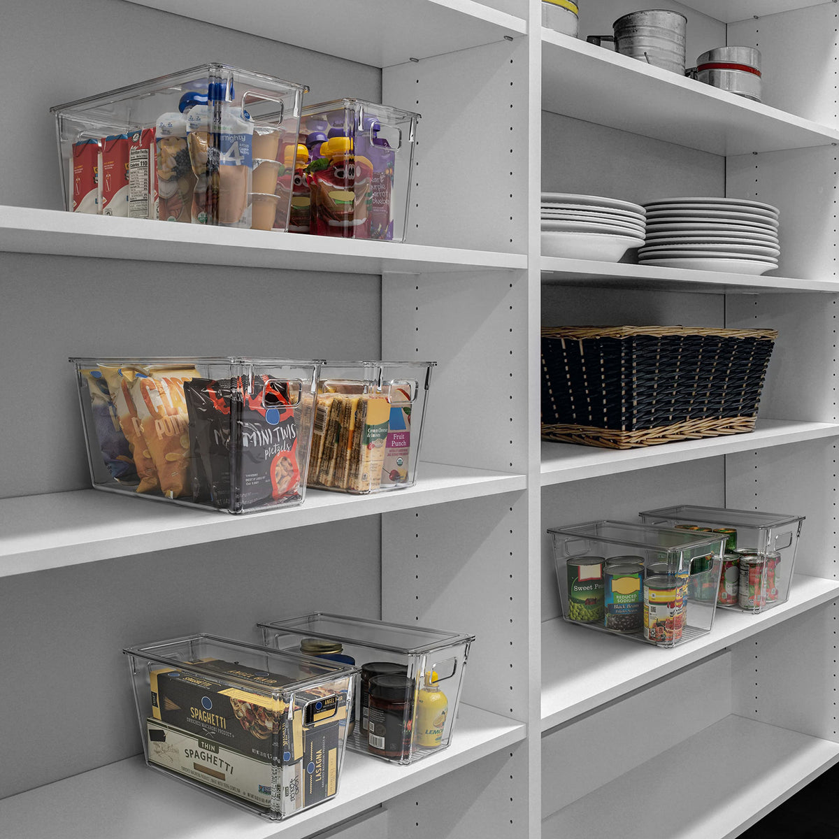 ClearSpace four-pack bin stacked to save space in kitchen cabinets